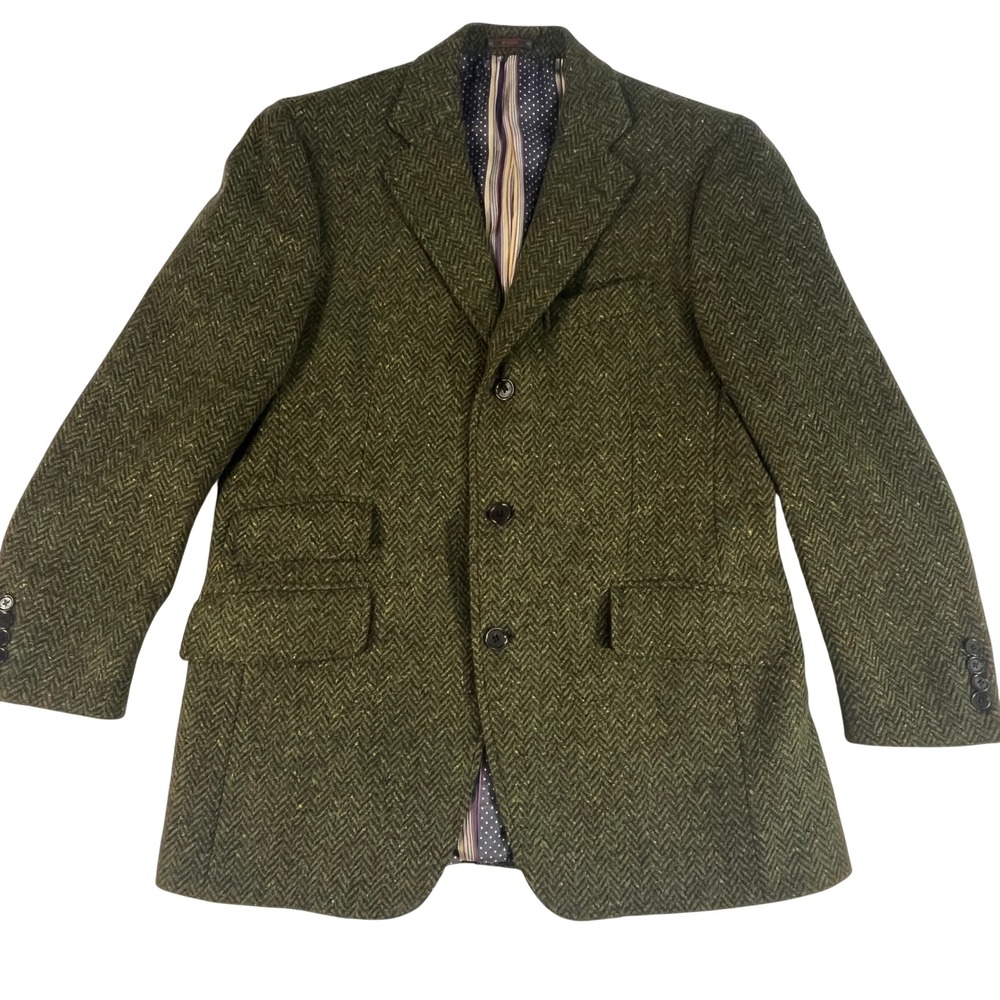 Etro Milano Mens Olive Green Herringbone Wool Blazer Sport Coat Italy Size 52